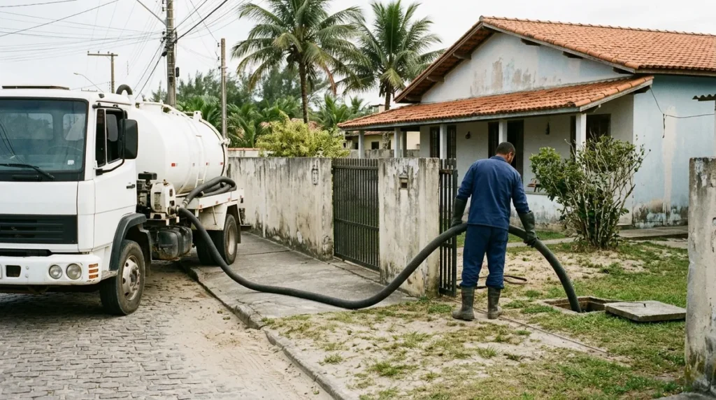 Limpeza de fossa séptica casa de praia Itapema com caminhão a vácuo da Hidrosul